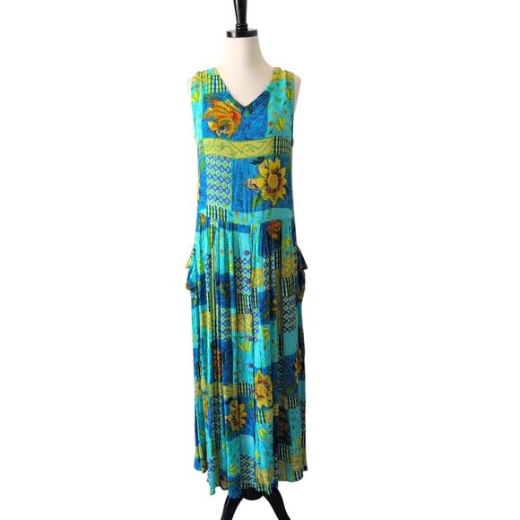 Vintage Maxi Dress Womens Medium Summer Blue Sunflower Garden Cottage Bohemian - Picture 1 of 13